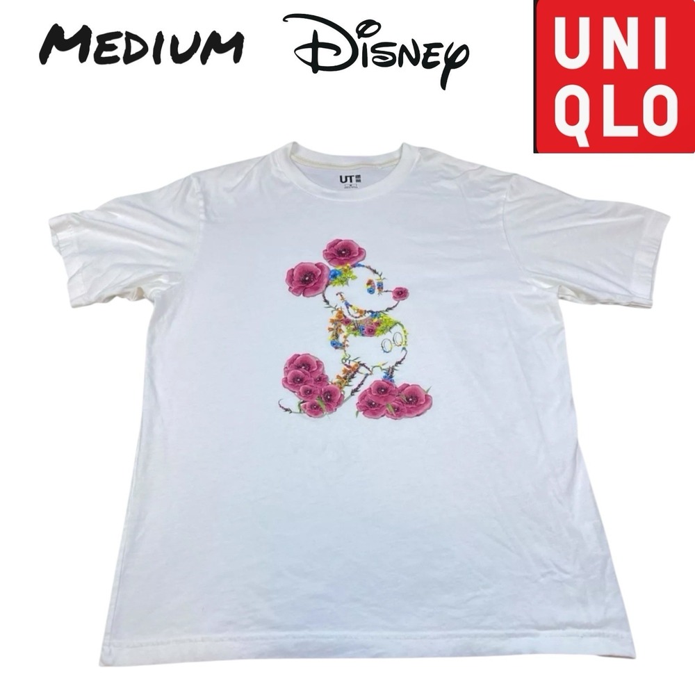 UT Uniqlo Floral Mickey‎ Mouse Shirt Adult MED White Short Sleeve Cotton Disney